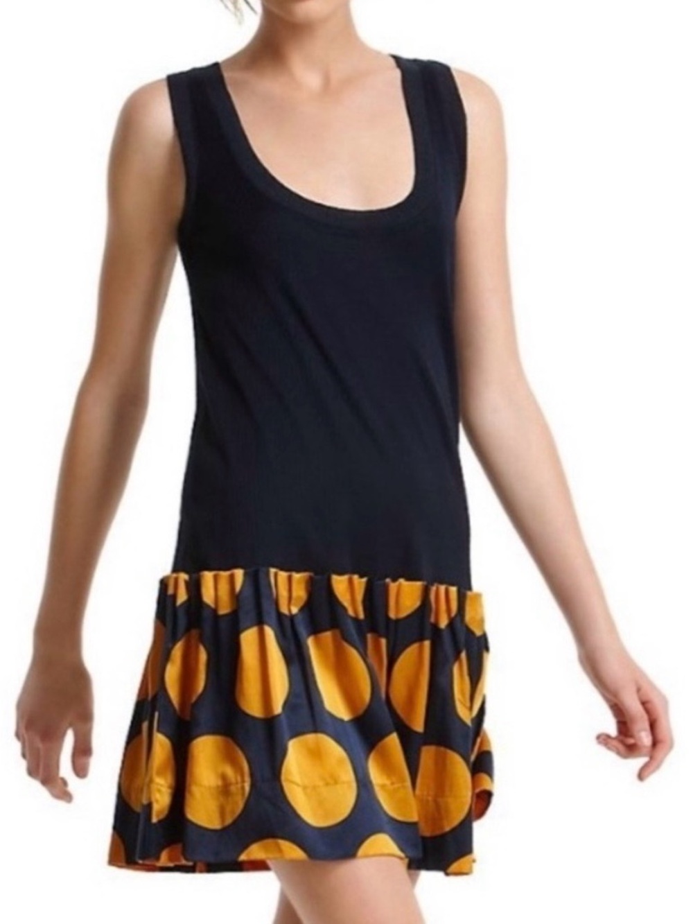 Marc Jacob’s navy Tank Dress with Yellow Polka Dot Skirt